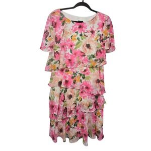 JH Floral Tiered Ruffle Dress Womens L Pink Chiffon Flutter Sleeve Knee Length